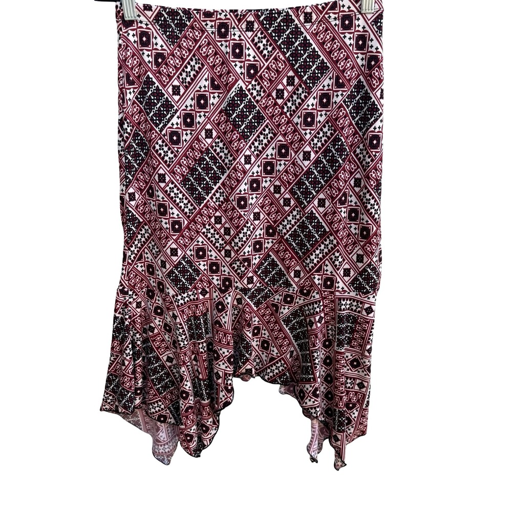 Vol. 1 Y2K Boho Indie Geometric Handkerchief Hem Festival Skirt Burgundy Black S